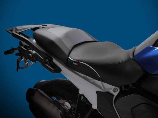 Sargent World Sport Aftermarket Motorcycle Seat for the 2023+ BMW R 1300 GS regular height seat with DTX/GZ and silver welt shown on the bike with the OEM rear.